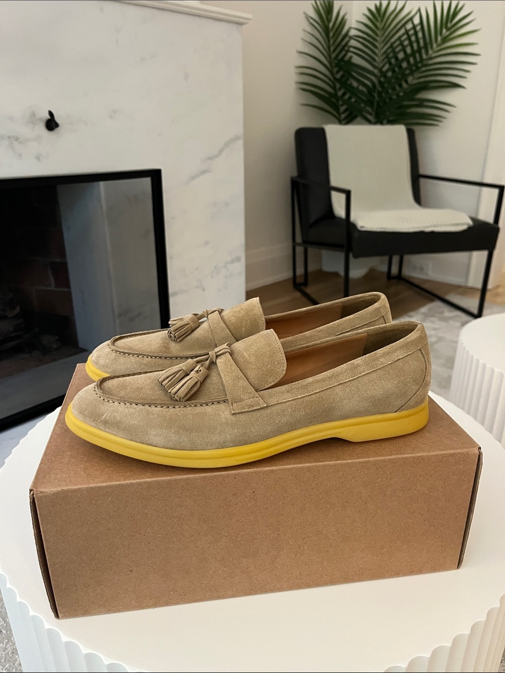 Beige Suede Tassel Loafers with Yellow Sole - Men - Made in Italy - Sz 10